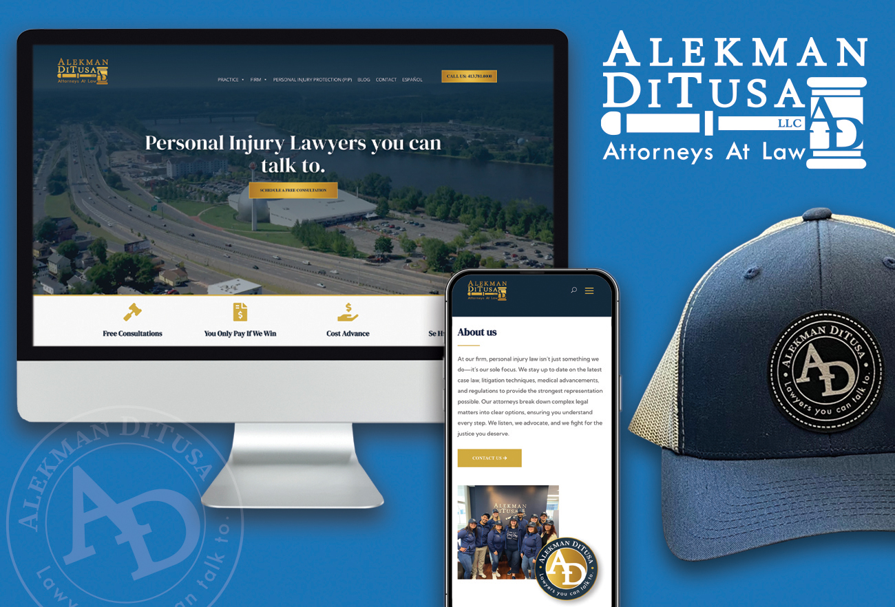 Alekman DiTusa Inset A promotional graphic for Alekman Ditusa LLC shows their website on a desktop and phone screen, the firm’s logo, a blue and gray logo hat, and text: “Personal Injury Lawyers you can talk to.”.