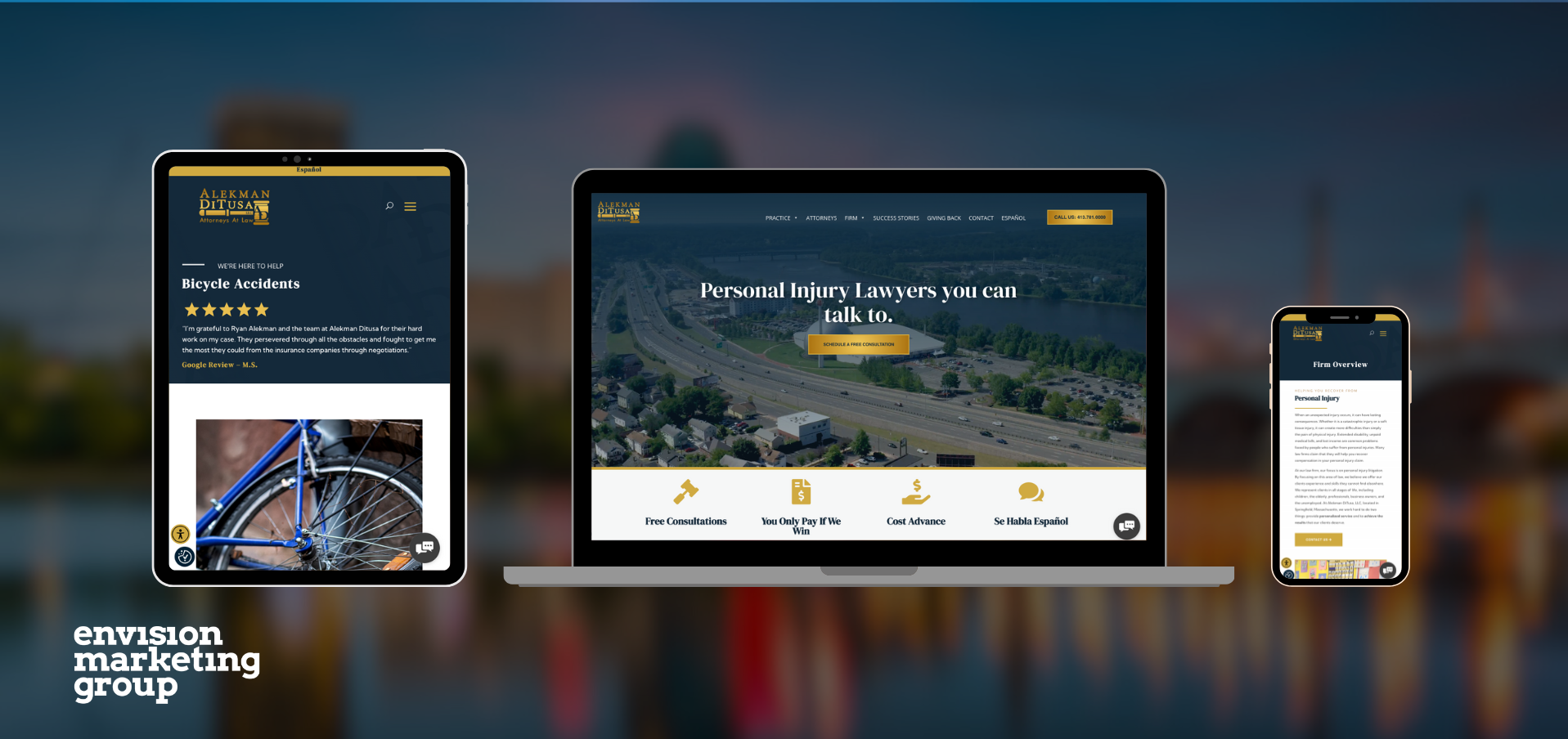 Alekman DiTusa Website Mockup A tablet, laptop, and smartphone showcase the responsive website design of a personal injury law firm, featuring a legal logo, city aerial photo, service details, and icons for consultations and expert advice.
