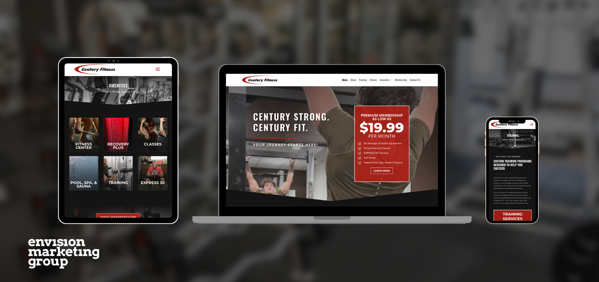 A smartphone, laptop, and another smartphone display Century Fitness’s website design with membership info, class schedules, and training services. The background is blurred gym equipment. Envision Marketing Group logo appears in the bottom left corner.